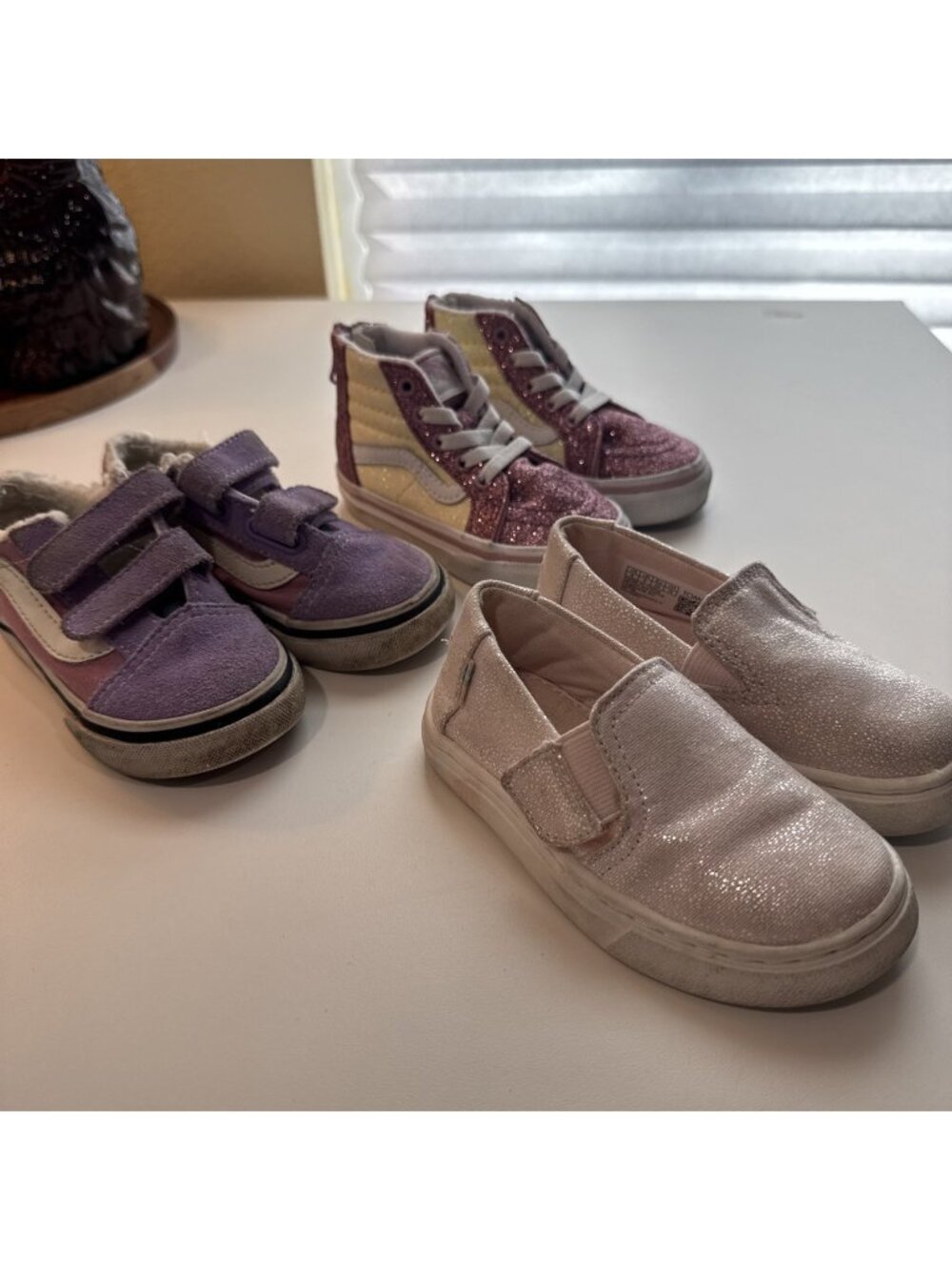 Toddler Shoe Sneakers Lot Size 5 & 6 Vans Glitter, Toms And Pink And Purple Vans